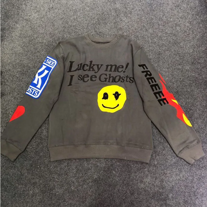 KANYE WEST малыш видеть призраков CPFM, принт в виде крыльев, Для Мужчин's Толстовка Crewneck очень странные дела Sudadera Harajuku толстовки - Цвет: Темно-серый