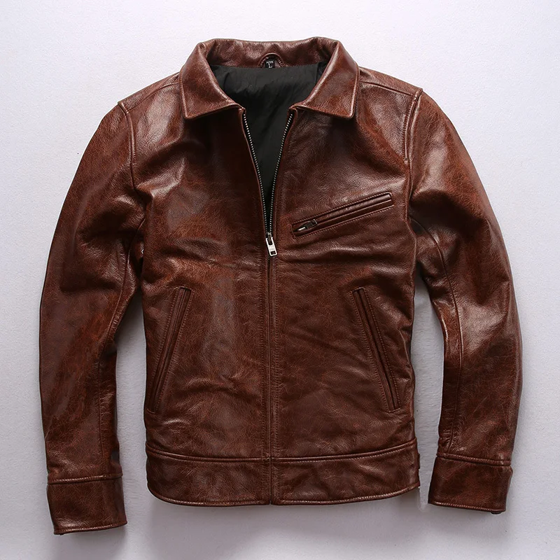 

2020 New Men Brown Oil wax Cowskin Motorcycle Leather Jacket Men Fashion Thick Cowhide bomber Jacket Russia Free Shipping