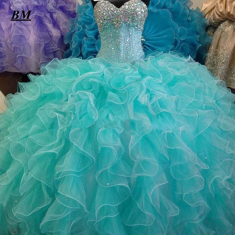 the picture color Бирюзовое синее милое бальное платье с кристаллами и бисером Vestido De 15 Anos BM170 - Цвет: the picture color