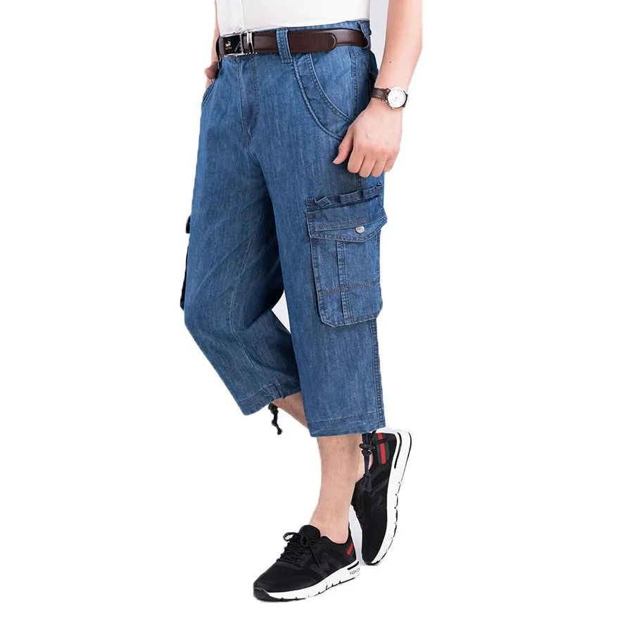 Jeans Shorts Bermuda Male Mens Summer Casual Denim Breeches Pocket Straight Long-Blue