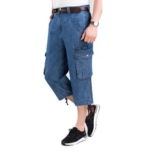 Jeans Shorts Men's Summer Breeches 2021 Multi Side Pocket Casual Bermuda Male Straight Long Blue Denim Loose Cargo Shorts Men