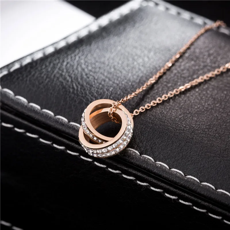 ZooMango Titanium Steel Mosaic Rhinestone Double Circle Necklace Rose Gold Wedding Necklaces For Women Christmas Gift RN02211