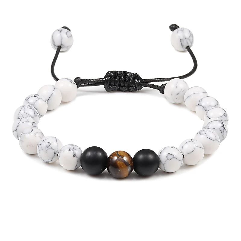 White tiger eye Природный лавовый камень пара жгутовый браслет мужские ювелирные изделия черно-белые браслеты из бисера для женщин ювелирные изделия для мужчин регулируемый Pulsera - Окраска металла: White tiger eye