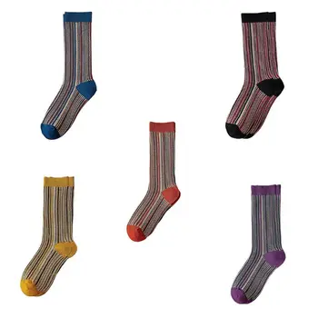 

British Women Men Vintage Cotton Crew Socks Contrast Colored Vertical Stripes Student Casual Knitted Warm Mid Tube Socks