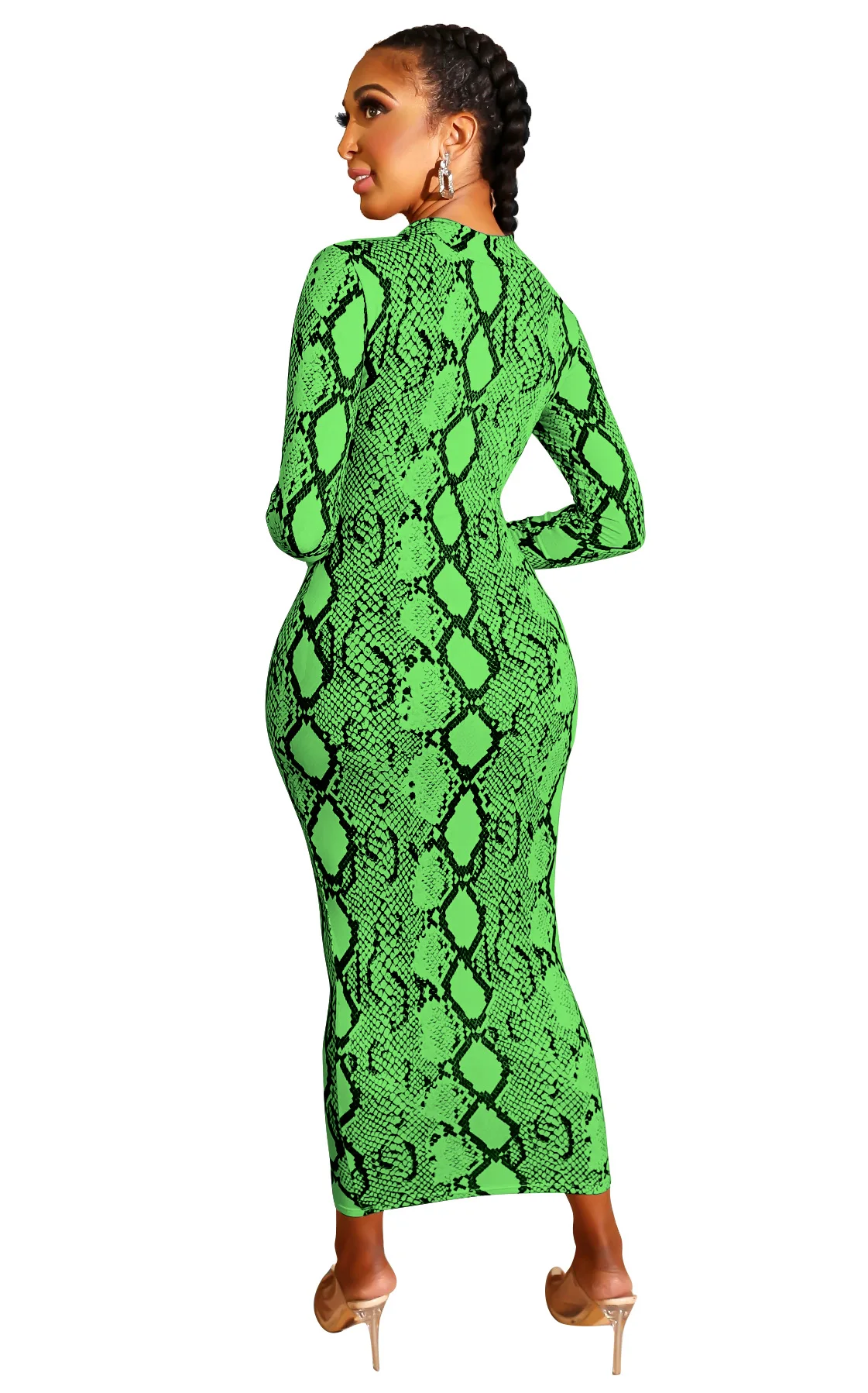 Женское платье из змеиной кожи, сексуальное, с принтом, для женщин, змеиная кожа, облегающее, с длинным рукавом, на молнии, глубокий v-образный вырез, миди, облегающее, элегантное, для вечеринок