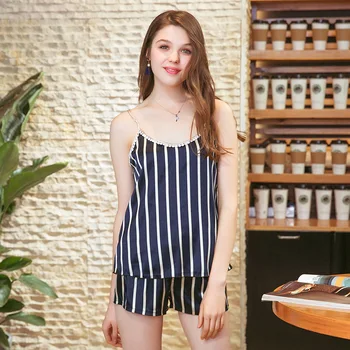 

2020 Striped Faxu Silk Pajamas Women Summer Suspender Shorts Two Piece Suit Leisure Tops Pyjamas Women Sleepwear Pijama Mujer