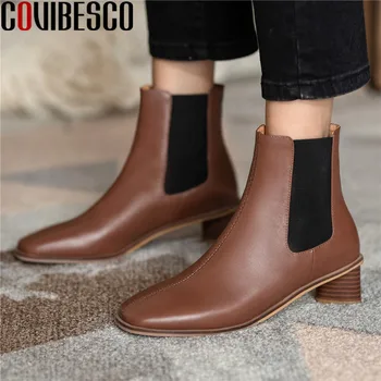 

COVIBESCO 2020 Elegant Brand Genuine Leather Women's Boots Platform Autumn And Winter Chunky Heels Pumps Working Shoes Woman