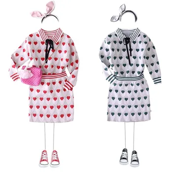 

Bealaholly New Autumn and Winter Girls Knitting Set Children's Love Pullover Sweater+arm Skirt 2 Pcs Suit Kids Winter Clothes
