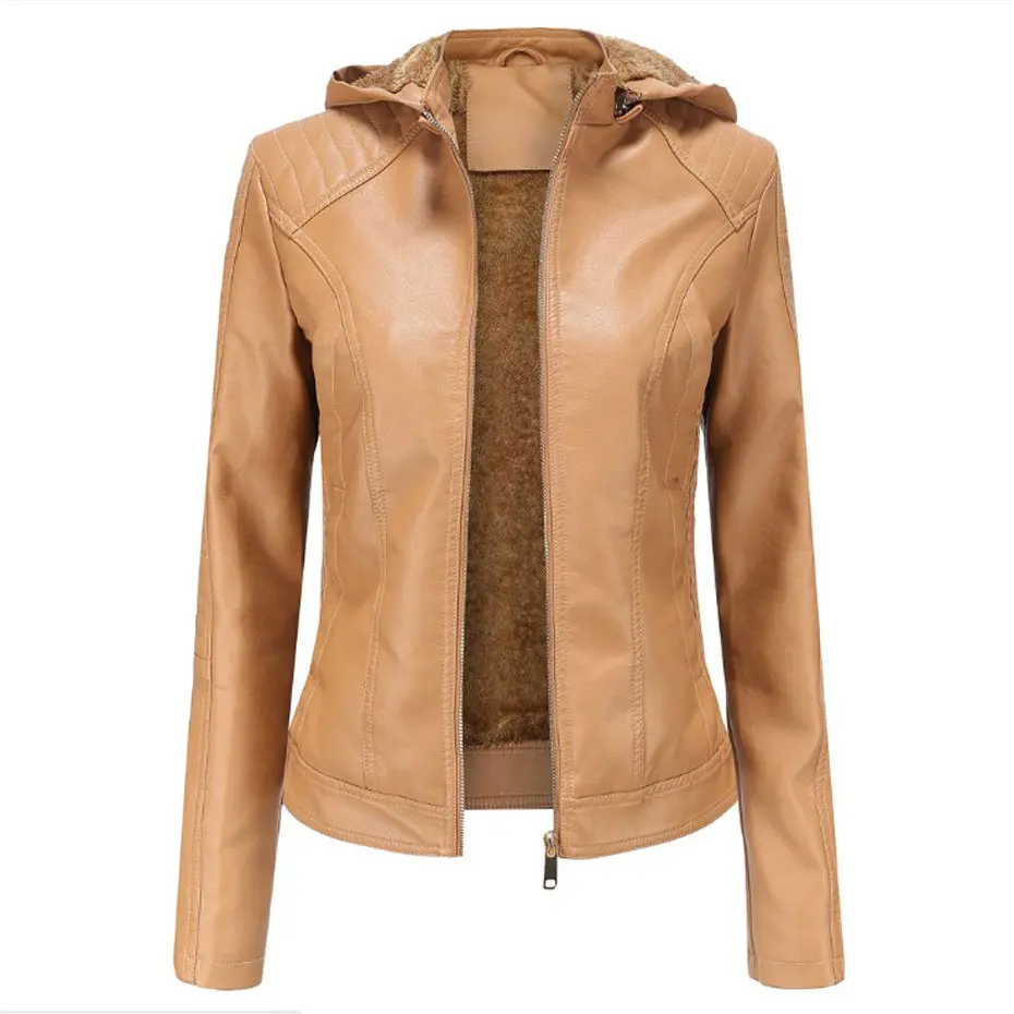 camel 3XL размера плюс толстовка теплая флисовая кожаная куртка Женское пальто Moto jaquetas couro veste cuir femme chaqueta piel mujer - Цвет: camel
