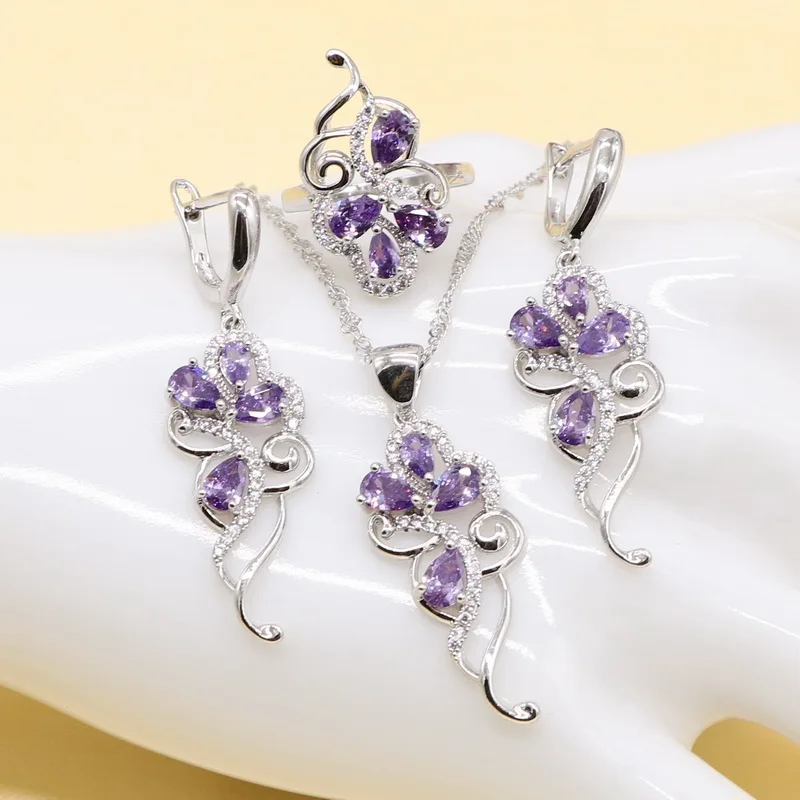 Purple 3pcs Фиолетовый ювелирный набор, кубический цирконий, 925 пробы, серебро, Модный кулон, ожерелье, серьги, браслет и кольцо для дам, модный подарок - Окраска металла: Purple 3pcs