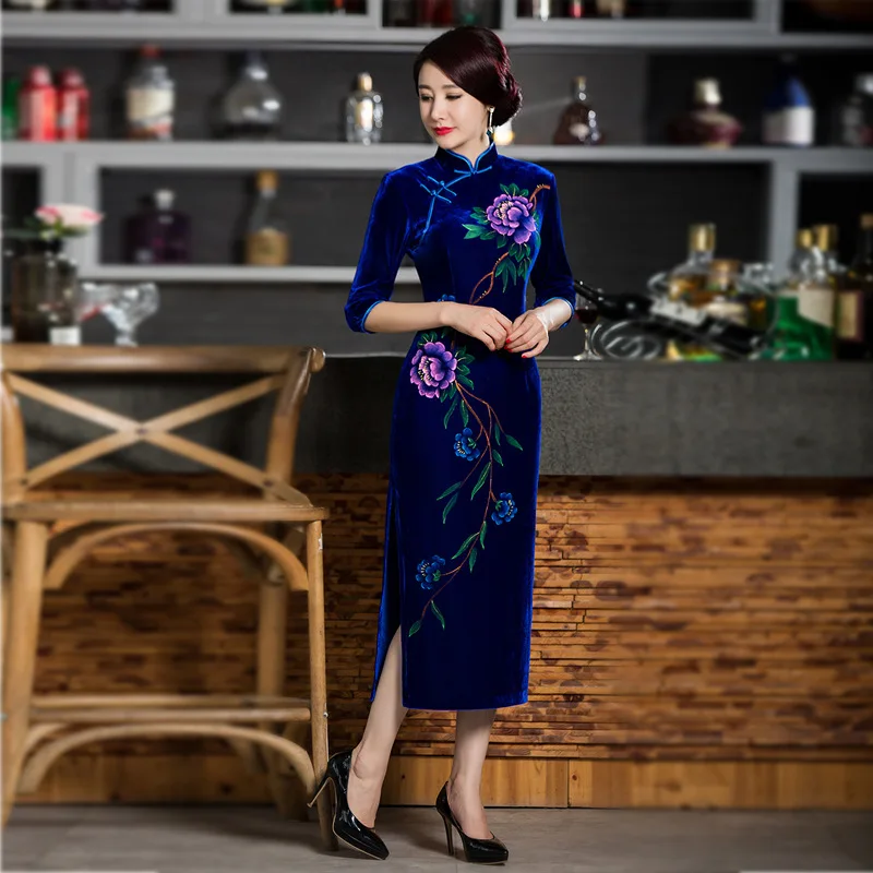 Элегантный женский цветок Cheongsam синий сексуальный тонкий вечернее платье бархат Винтаж Мандарин Воротник Qipao с высоким разрезом велюр Vestidos