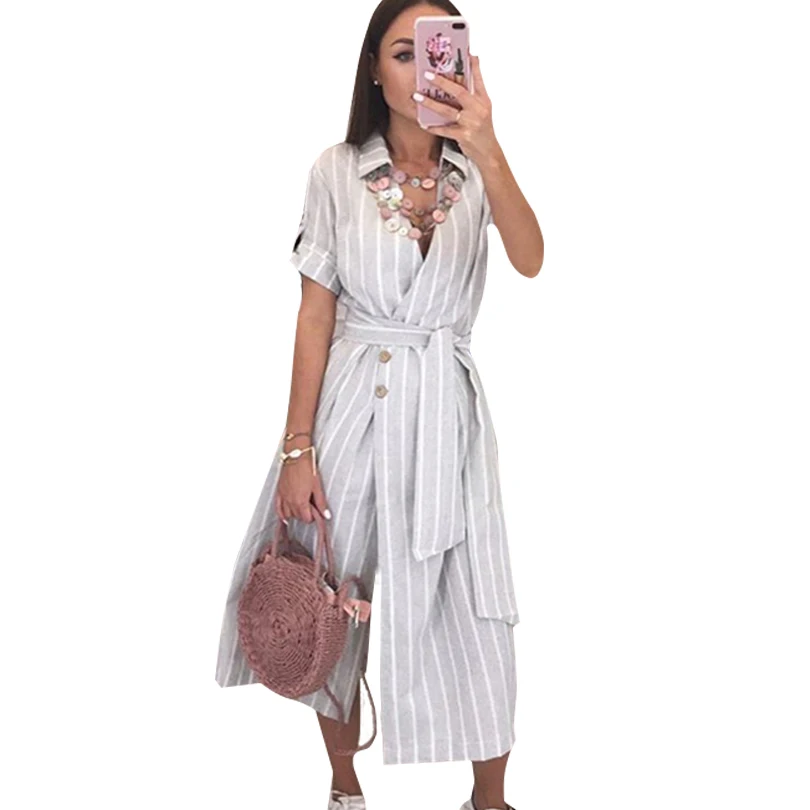 

TYHRU Summer Women's Lapel Striped Single-Breasted High Waist Short Sleeve Dress
