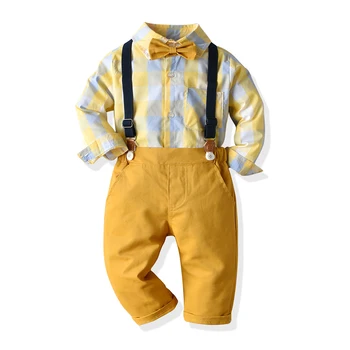 

Tem Doger Toddler Boys Casual Plaid Clothing Set Bow Tie Long Sleeve Shirt Tops Overalls Gentleman 2pcs Suit for Wedding Party