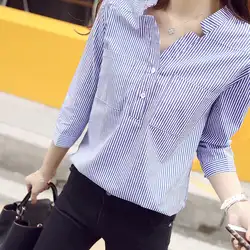 2018 весенняя одежда, новая стильная блуза с v-образным вырезом и длинными рукавами в Корейском стиле, бело-голубая рубашка в Вертикальную
