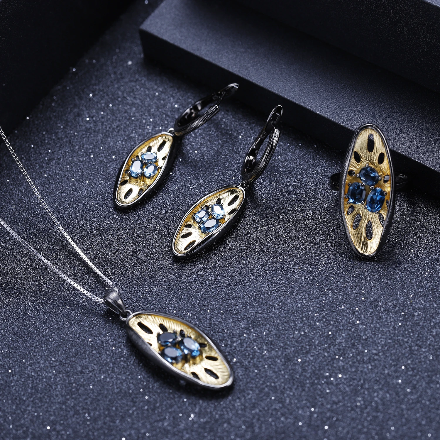 GEM'S балетные 925 пробы, серебряное кольцо, серьги, кулон, наборы, натуральный Лондон, голубой топаз, набор ручной работы, Женские Ювелирные изделия