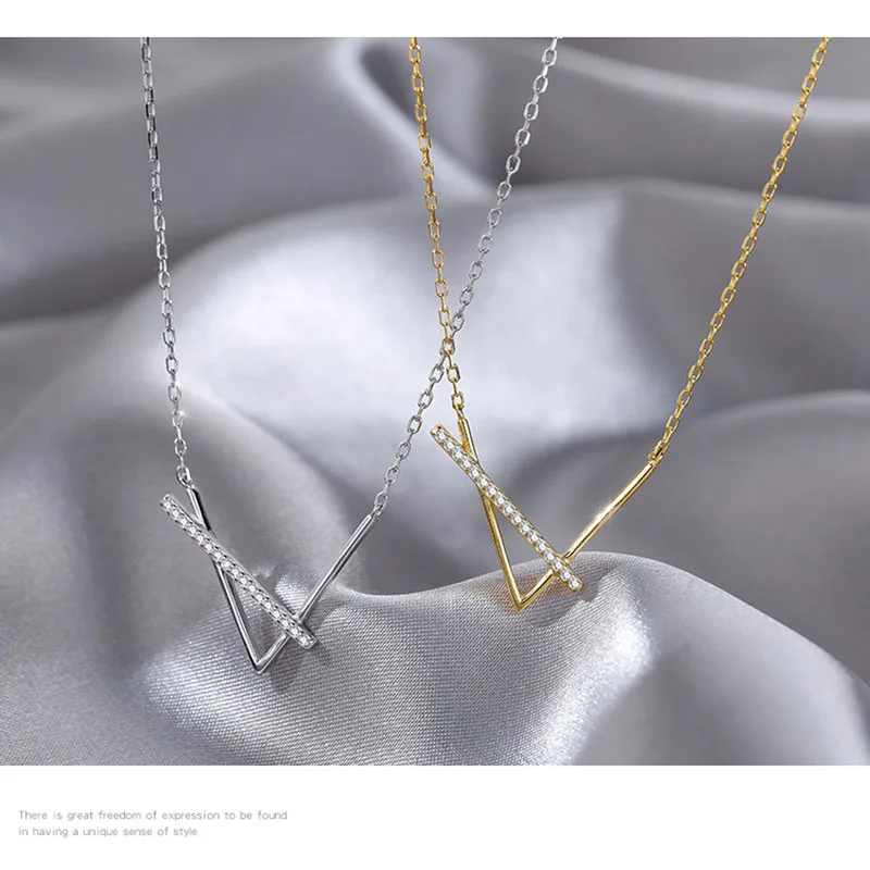 Hot Sale925 Sterling Silver Necklace Exquisite V-Shaped Pendant Shiny Zircon Choker Party Gift For Girls Fashionjewelry SNK014 - Image 3
