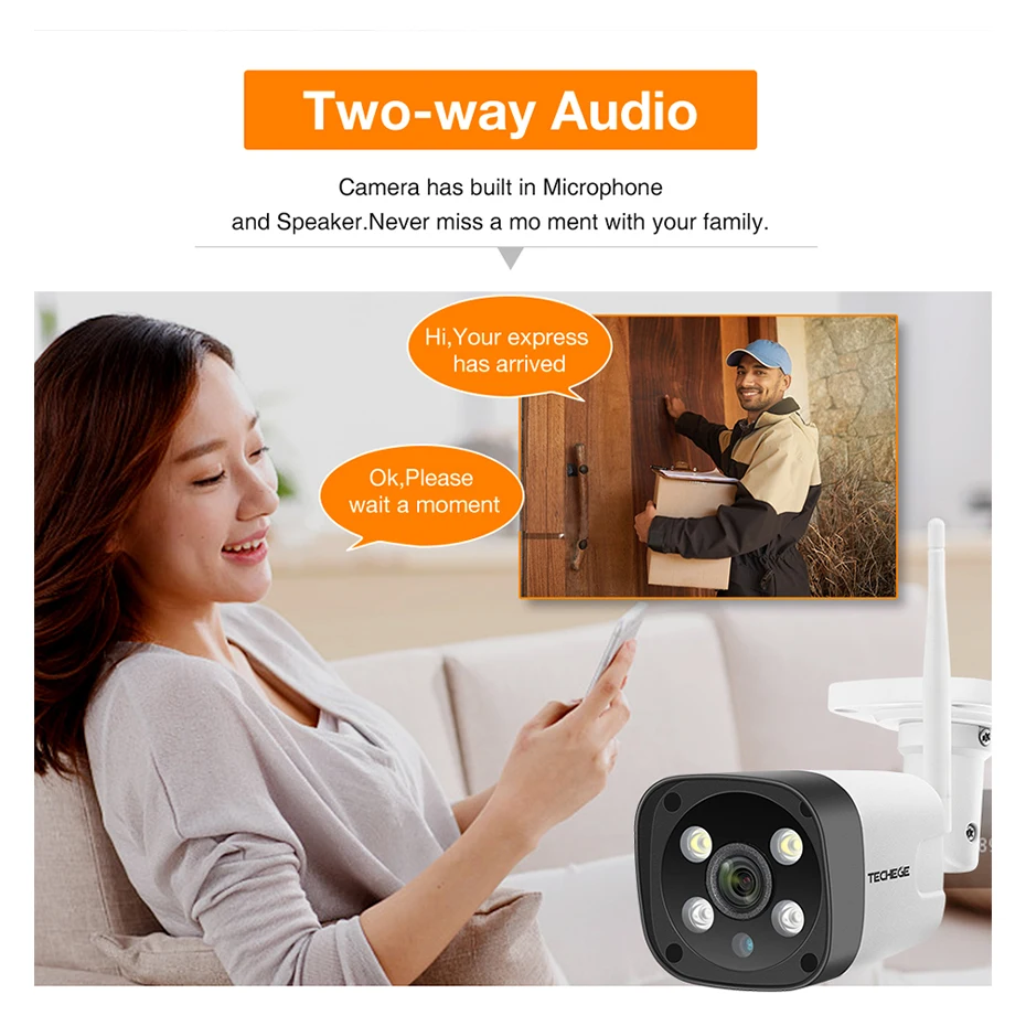 Techege супер HD 5MP h.265 WiFi Проводная ip камера AI Обнаружение человека двухсторонняя