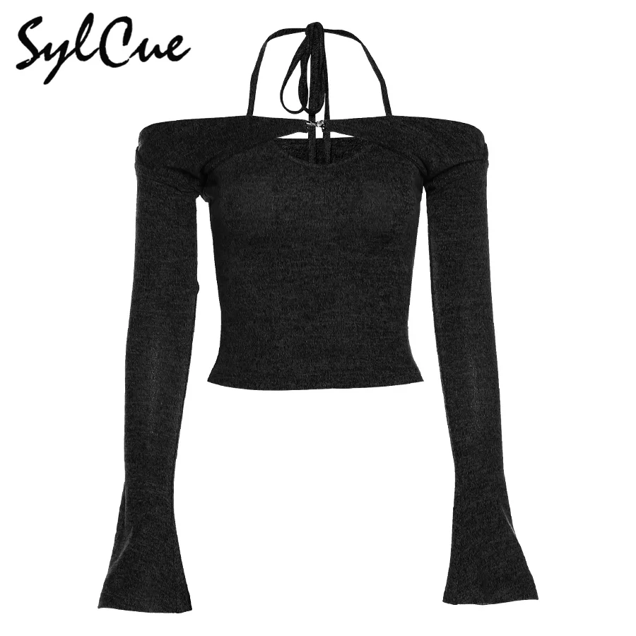 Sylcue One-Word Neck Intellectual Elegant Pure Color Casual All-Match Commuter Slim Women's Flared Sleeve Short Top white t shirt for men