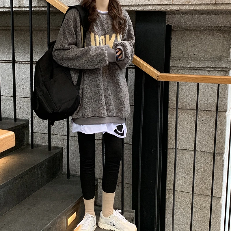 Поддельные двухсекционные Ulzzang из овечьей шерсти женские зимние новые корейские ins Harajuku винтажные свободные шикарные повседневные женские толстовки с надписью Lucky