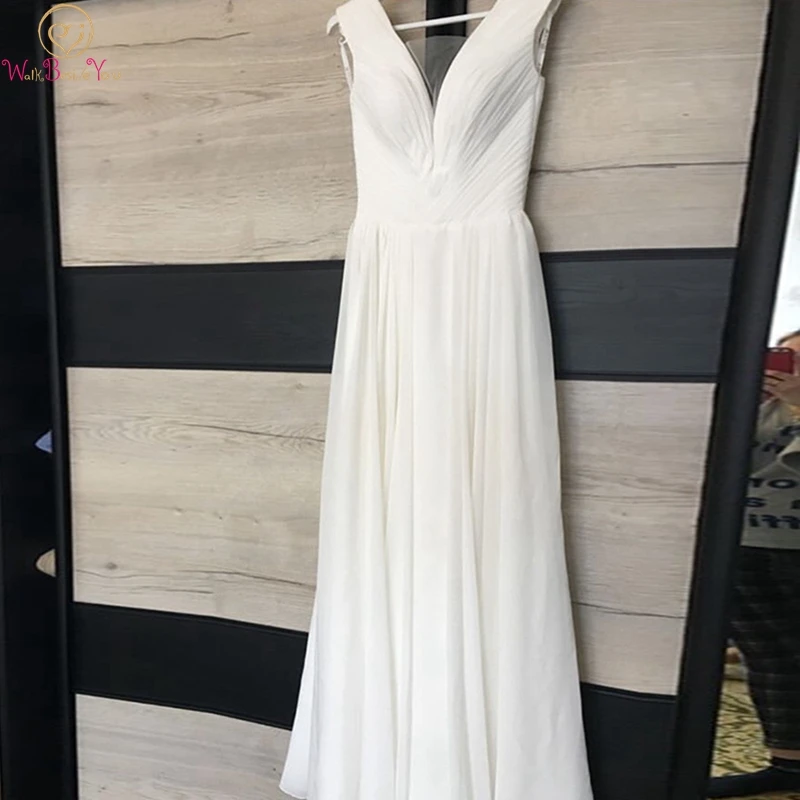 Простые шифоновые Свадебные платья с v-образным вырезом Boho трапециевидной формы белого цвета слоновой кости без рукавов пляжные свадебные