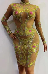 Yellow Rhinestone Party Special Occasion See Through Birthday Celebrate Prom Mesh Clothes Evening Women Dancer Show Mini Dress
