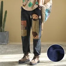 Осенне-зимние флисовые теплые джинсы женские джинсовые брюки женские Ретро повседневные штаны с эластичной резинкой на талии в стиле пэчворк штаны-шаровары с обезьянкой из мультфильма