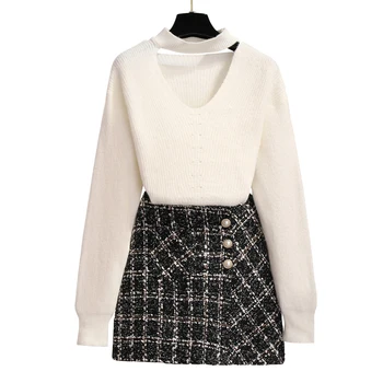 

Sweet outfit Korean fashion sweater woman outside autumn winter wear new matching set loose top languid lazy style grid skirt