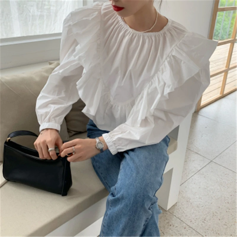 

Fashion Vintage Loose White Blouses Women Spring Autumn Casual Elastic O-neck Big Ruffled Shirts Office Lady Cute Shirt Top