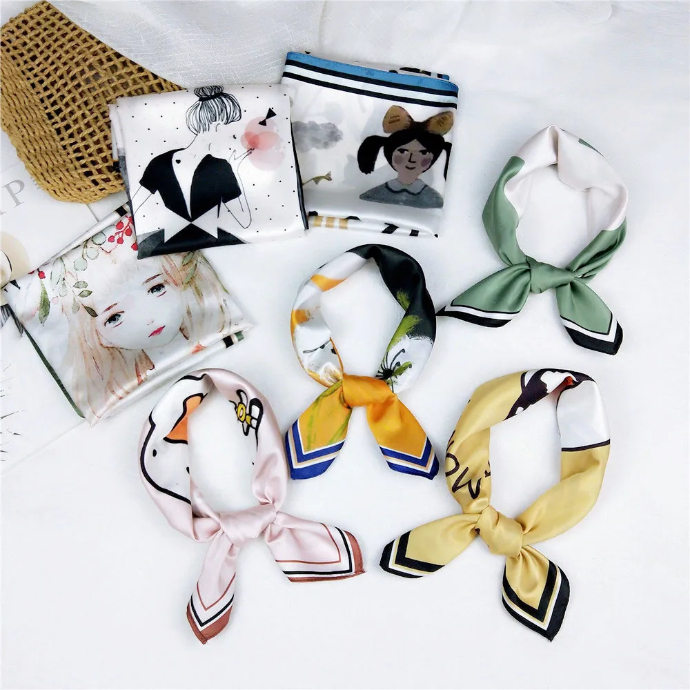 

53*53cm 2020 New Summer Designer Women's Animal Rabbit Print Square Neck Scarf Neckerchief Women Silk Satin Hair Scarves for Bag