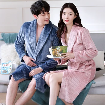 

Autumn Winter Lovers Flannel Robe Gown Sexy Women&Men Kimono Bathrobe Thick Warm Sleepwear Coral Fleece Nightwear Plus Size 3XL