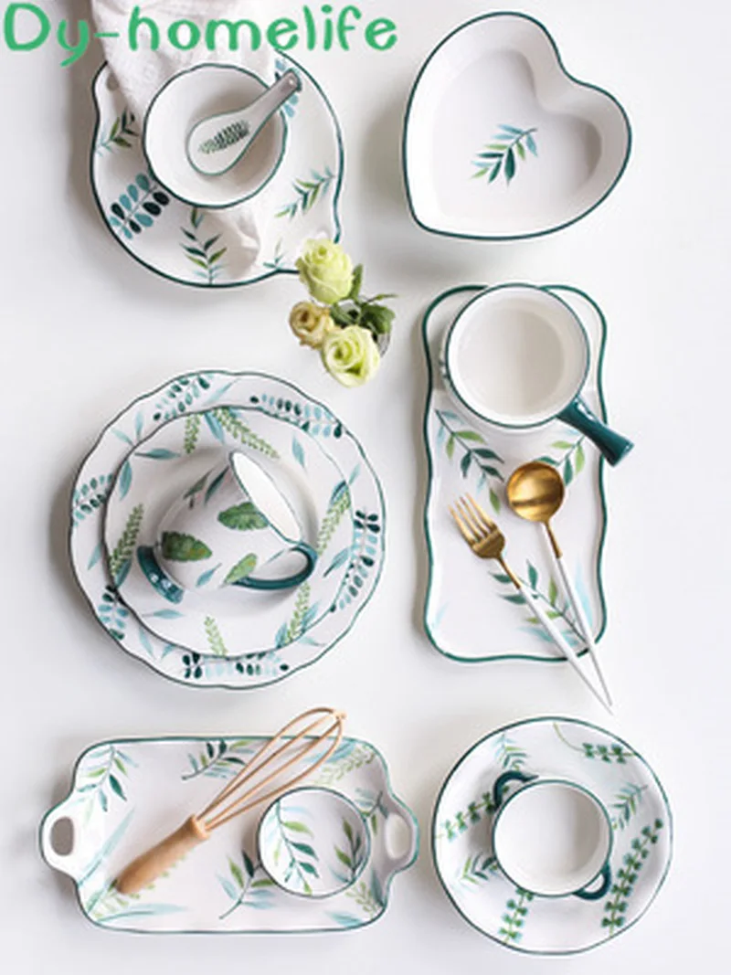 

Nordic Lace Leaves Multi-size Ceramic Tableware Household Kitchen Supplies Bone China Plate Salad Bowl Mug Flavor Dish Spoon