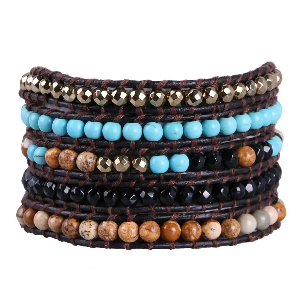 

KELITCH Boho Natural Stone Leather Wrap Bracelet Unisex Semi Precious Stone Beaded Weaving Bracelet women Leather Rope Bijoux