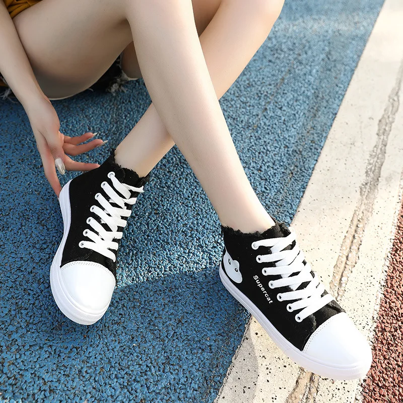 

Canvas Shoes Women's 2019 New Style Summer And Autumn Korean-style Versatile Flat Cute Cat Hight-top Casual Shoes Students White