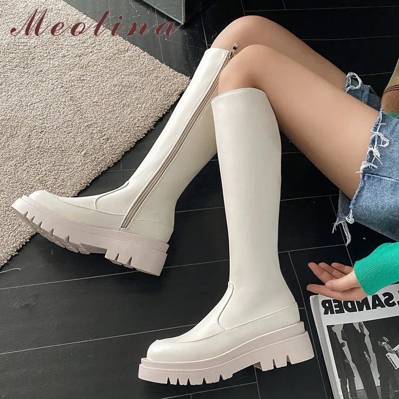 

Meotina Women Boots Platform High Heel Long Boots Zipper Chunky Heels Knee High Boots Round Toe Ladies Shoes Autumn Winter 43