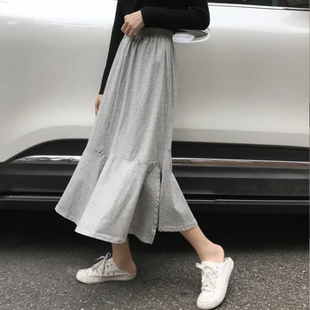 

Solid Color Elastic High Waist Stitching Ruffled Side Slit Pleats Woman Skirt Simple Fashion 2020 summer New