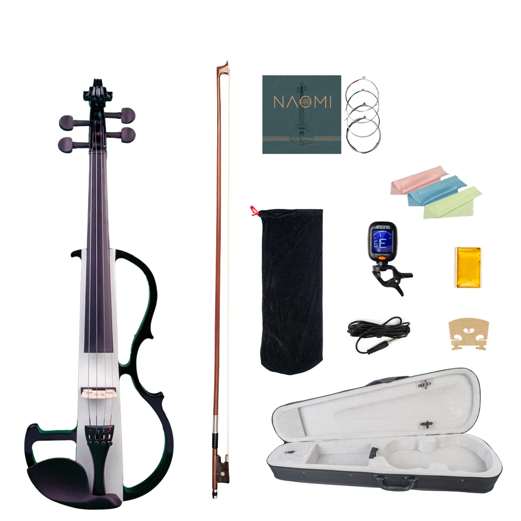 Full Size 4/4 Solid Wood Metallic Electronic Silent Solidwood Violin w/Violin Case+Bows+Strings+Rosin+Audio Cable For Beginner