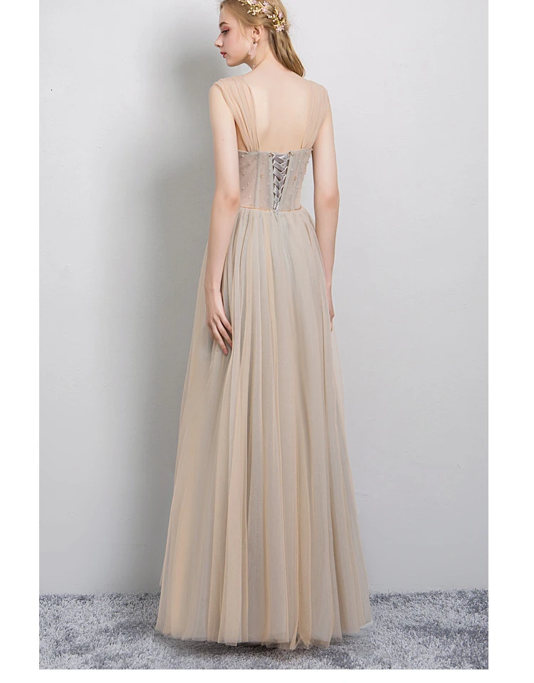 BGW Square Collar Tulle A Line Evening Dress Lace Up Up Backless Solid Color Crystal Formal Party Dress