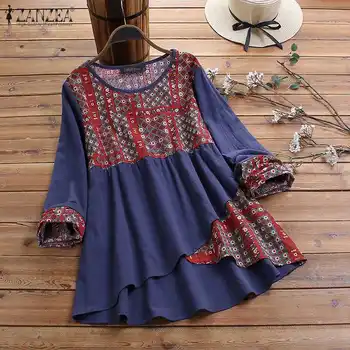 

Ethnic Printed Blouse ZANZEA Spring Vintage Irregular Shirts Women Long Sleeve Tunic Tops Autumn Cotton Pacthwork Blusas Chemise