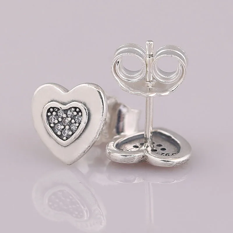 Authentic 925 Sterling Silver Silver Logo Heart Pan Earring With Crystal Stud Earring For Women Wedding Gift Fine Jewelry