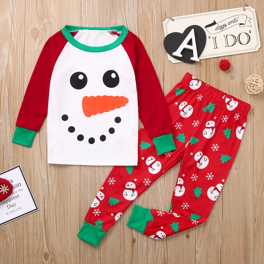 Осенне-зимняя пижамная одежда, Рождественский комплект для детей, топ с длинными рукавами и рисунком снеговика+ штаны, Рождественская Праздничная Пижама, одежда,# BL2