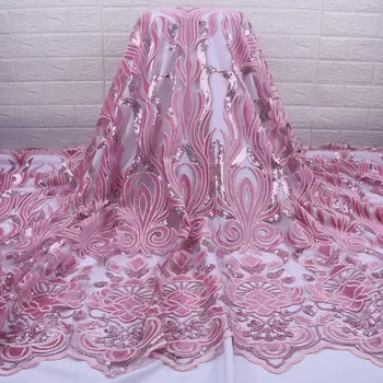 

New Arrivals French Velvet Lace Fabric Pink Nigerian Sequins Tulle Lace Fabric 5 Yards African Lace Fabric For Women Dress A1772