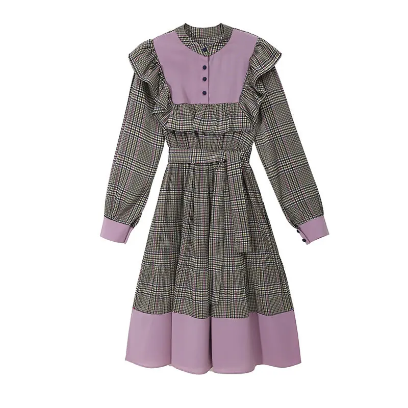 XITAO Ruffle Plaid Pleated Dress Women Fashion New Winter Bandage Patchwork Pullover Small Fresh Minority Dress XJ2820