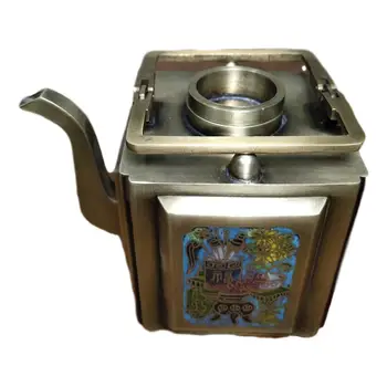 

LaoJunLu Cloisonne White Copper Jug ​​Hand-Engraved "Prosperity And Peace" Square Tea Kettle Jug Ornaments Imitation antique