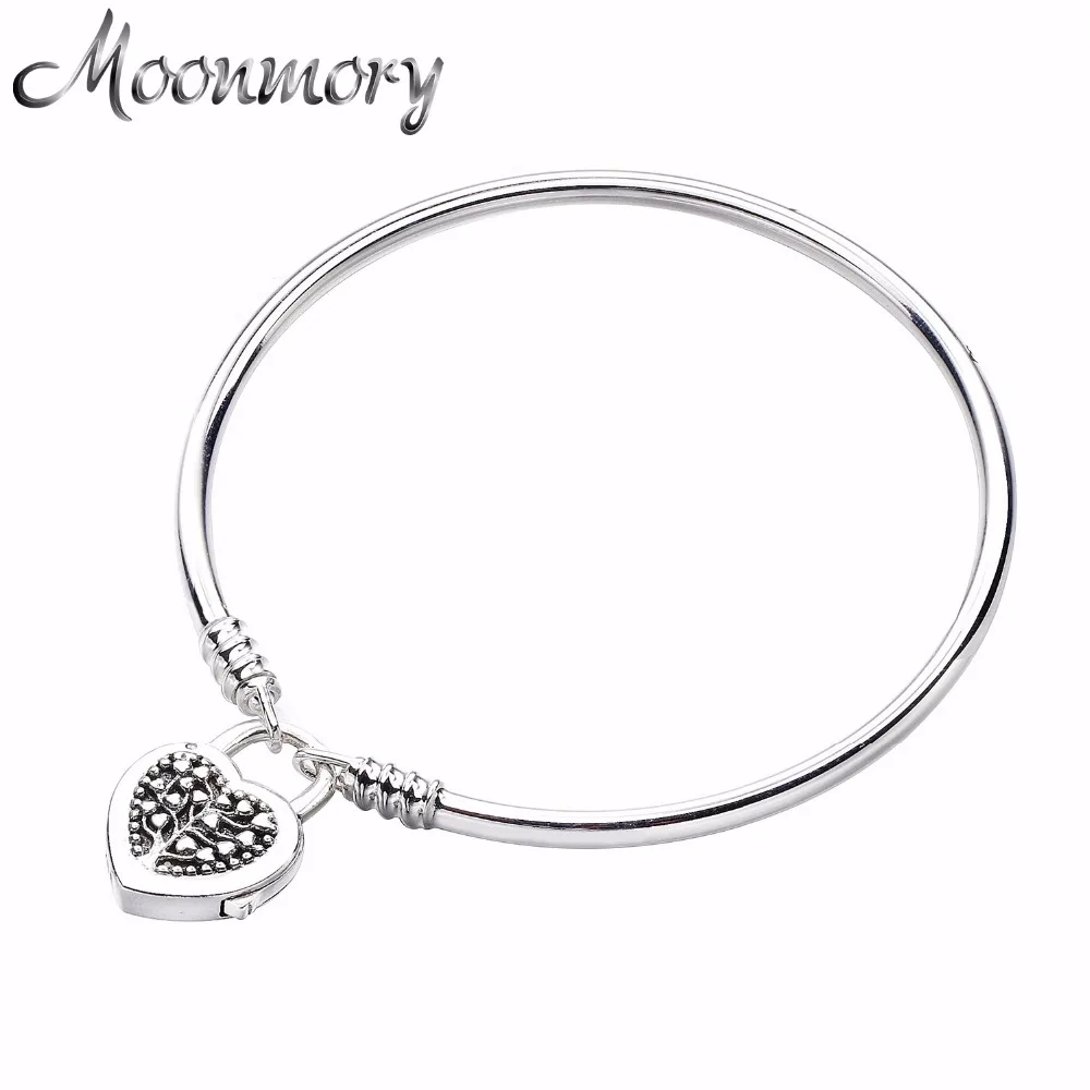 

Moonmory Authentic 100% 925 Sterling Silver Flourishing Hearts Padlock Bangles Family Tree For Women Vintage Mother's Day Gift