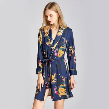 

Bathrobe dressing gown home service new spring and summer pajamas women's rayon dragon gown single gown navy blue халат 2020