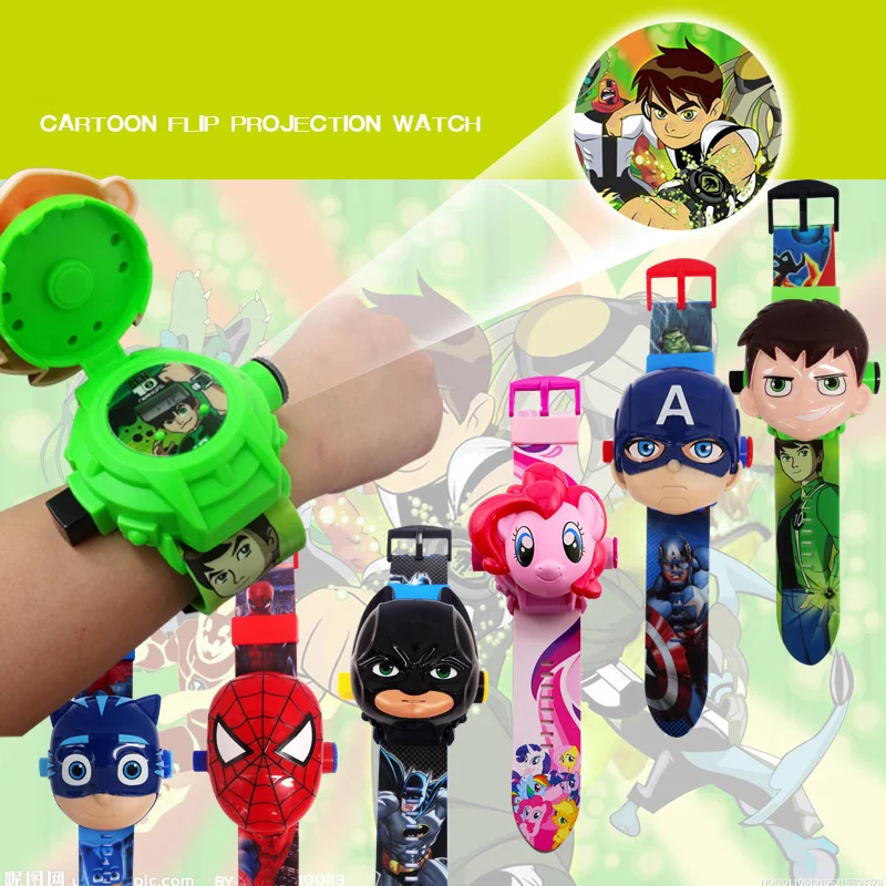 Children's Cartoon Spiderman Digital WrisrtWatch 24 Projection Image Flip Puzzle Cartoon Electronic Creative Gift Kids Watches