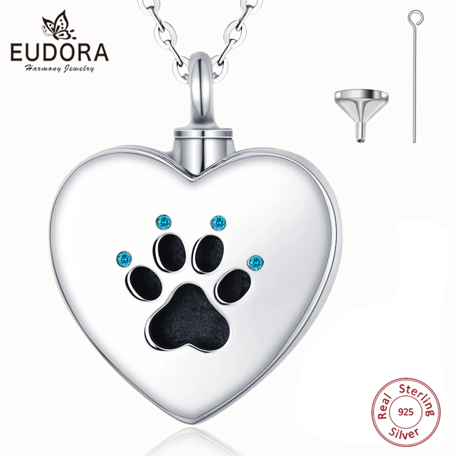 

Eudora 925 Sterling Silver Cat Dog Footprint Heart Pendants Keepsake Heart CZ Locket Necklace Cremation Memorial Urn Jewelry 012