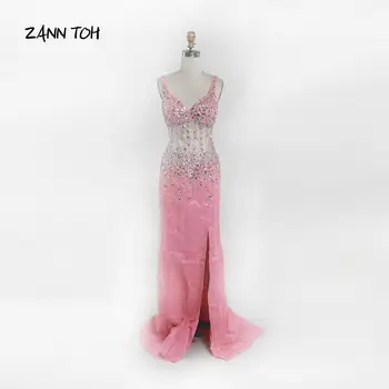

Pink Evening Dresses Long 2020 V-neck Beading Floor Length Formal Dress Gowns Party Dresses Robe De Soiree