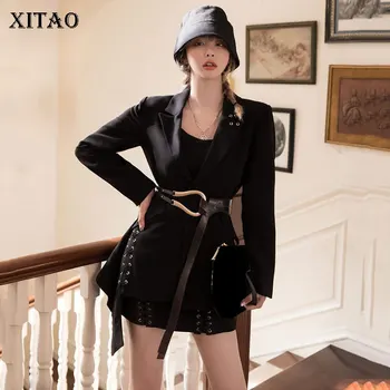 

XITAO Black Irregular Blazer Women Slim Fashion Personality Lacing Collect Waist Elegant 2020 New Autumn Women Clothes ZP2617
