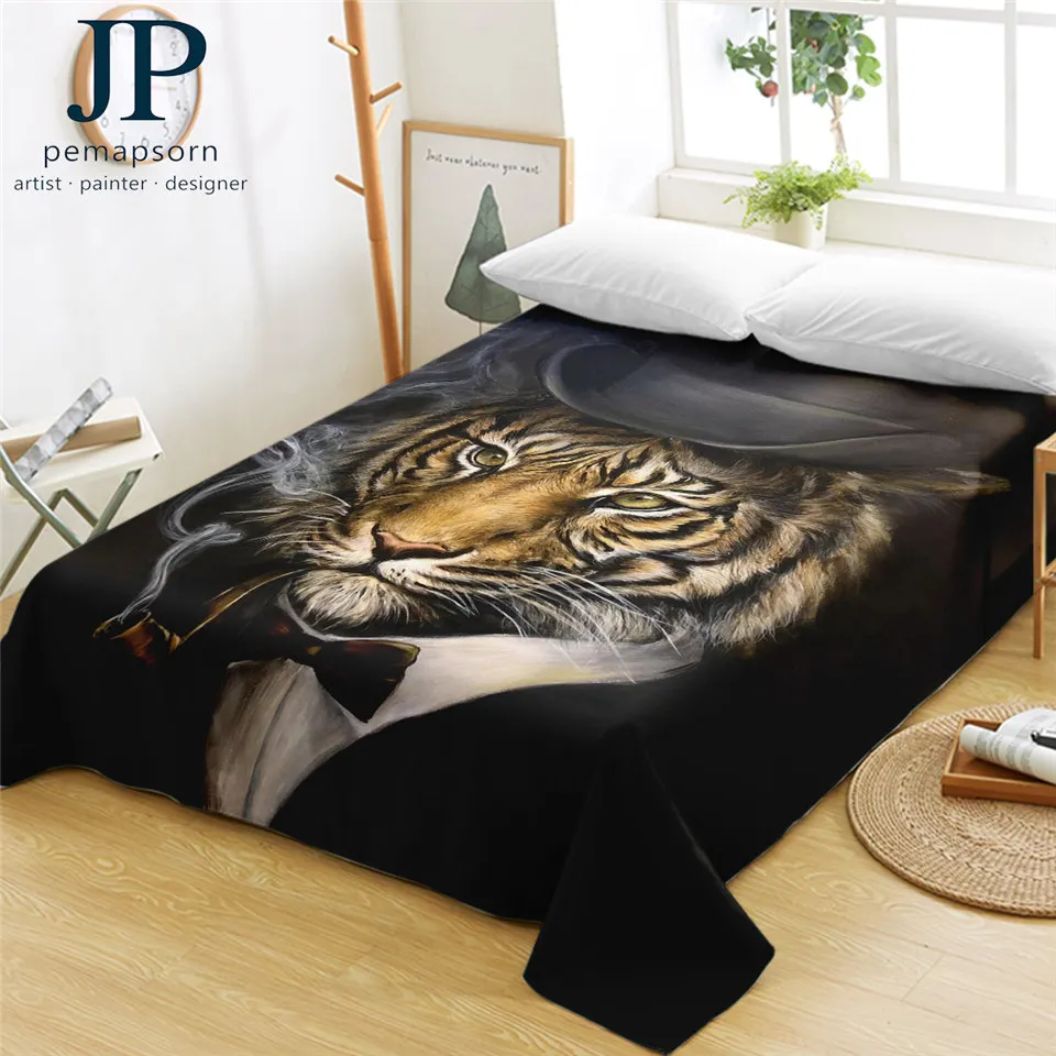 Tiger by Jp.pemapsorn Bed Sheet 3D Printed Flat Smoking Animal Bedspreads 1-PC Gentleman Black Cool sabanas king size | Дом и сад